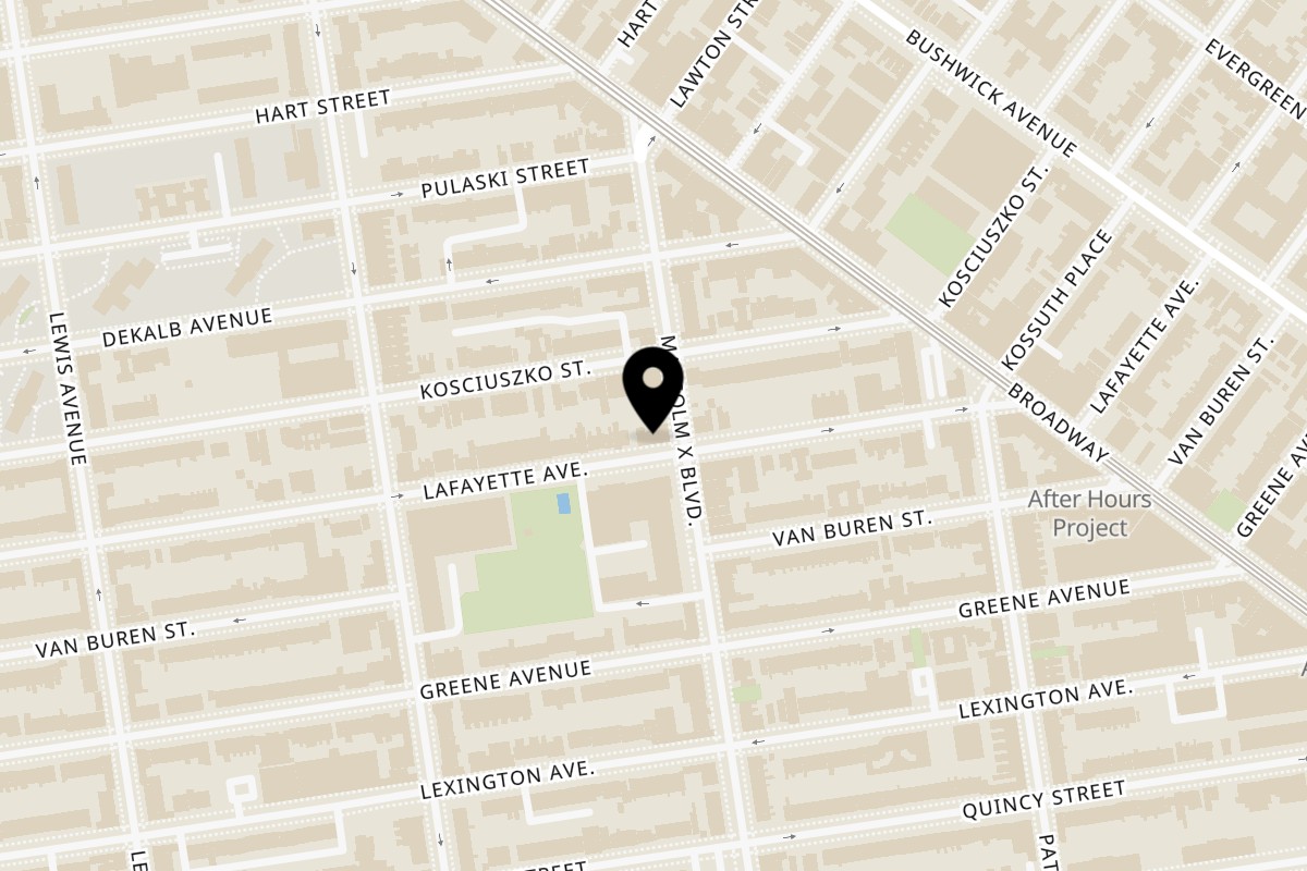 Map showing the location of Fat Doughnut on 50 Malcolm X Blvd in Brooklyn